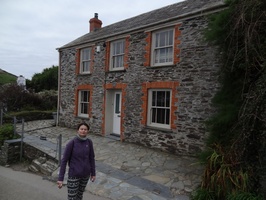 Chantel in front of Doc Martin's house in Port Isaac