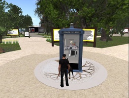 A Doctor Who TARDIS Police Box standing in Hyde Park in Second Life