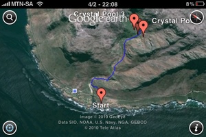 Google Earth on iPhone - Showing map of Crystal Pools Hike from above