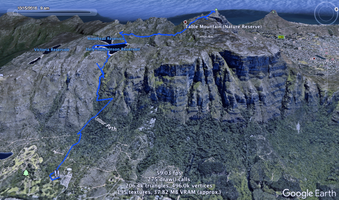 Google Earth view of the ascent up Skeleton Gorge and along to the Upper Cable Car Station