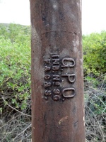 Close up view of old GPO phone pole from 1950's