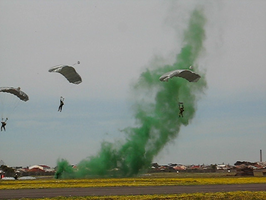 Parachutists landing in mock battle (Video)