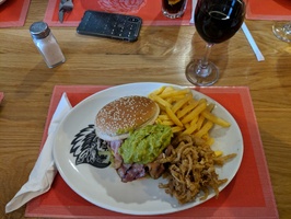 Bacon, Cheese and Guacamole Burger with their D'Aria Music red wine